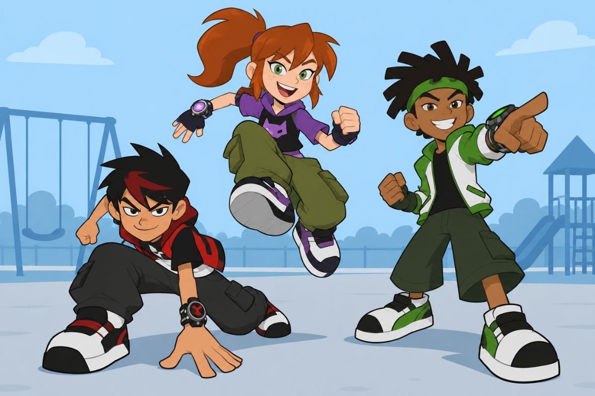 Ben 10 OC Maker scene showing an original civilian transformation hero wearing a custom wrist device in an urban setting.