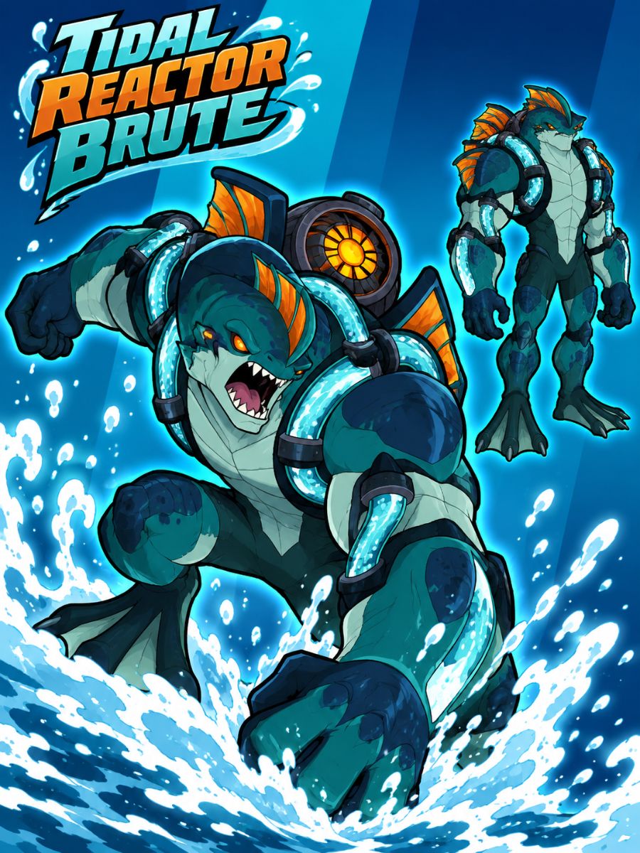 Ben 10 OC Maker character art showing an original amphibious Tidal Reactor Brute alien charging water energy.