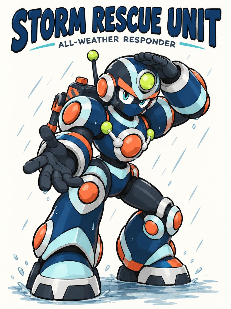 Broad white and orange rescue robot unfolding a transparent weather shield on a coastal tower
