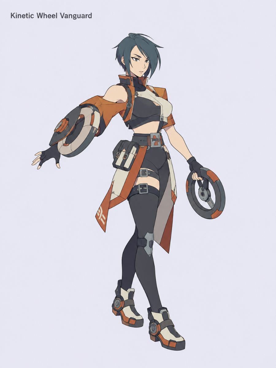 Ficha de personaje de una luchadora Vanguardia de la Rueda Cinética del Creador de OC de Guilty Gear con armas de ruedas giratorias