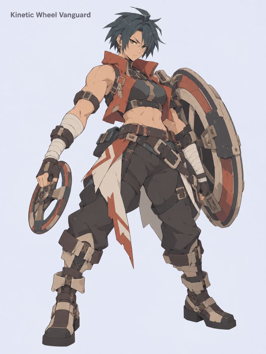 Diseño de personaje de un luchador masculino Vanguardia de la Rueda Cinética del Creador de OC de Guilty Gear sosteniendo una gran arma circular