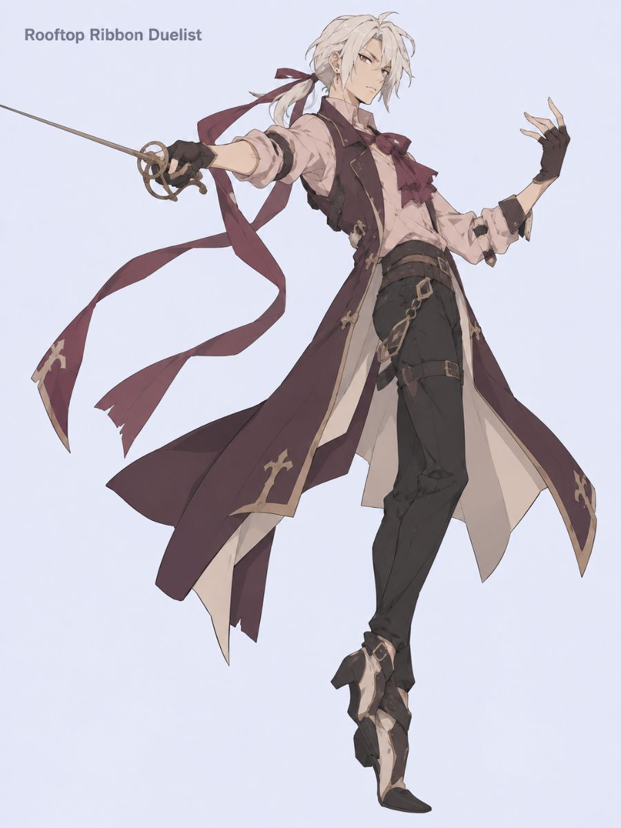 Concepto de personaje Duelista de Cintas de Azotea del Creador de OC de Guilty Gear con una espada larga y cintas ondeantes