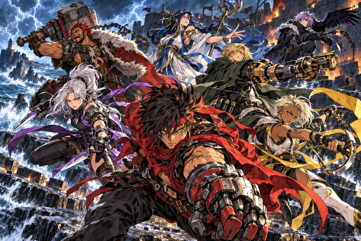 Equipo de luchadores originales del Creador de OC de Guilty Gear cargando en una dramática batalla de acción anime