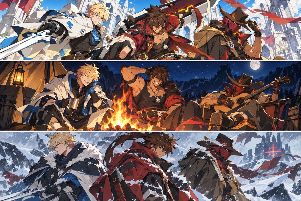 Collage multiescena de luchadores del Creador de OC de Guilty Gear con coloridos efectos de batalla anime y diseños de personajes