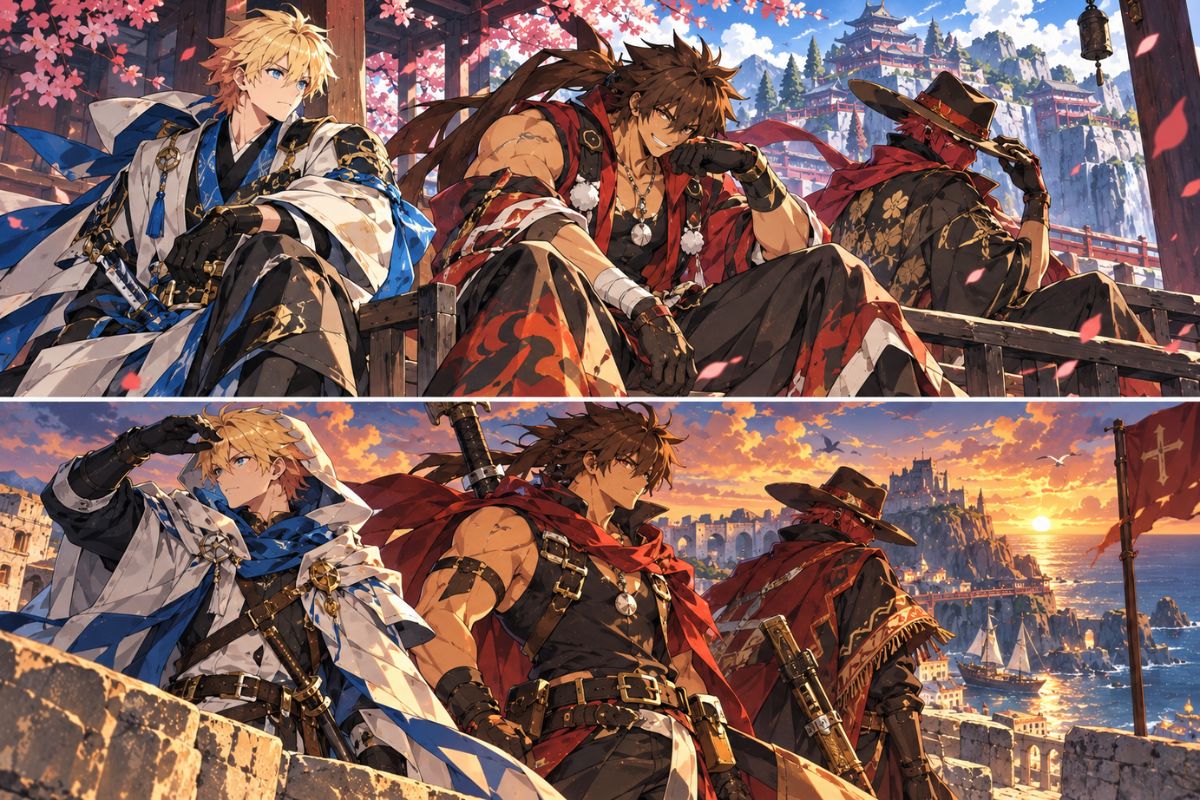 Trío de guerreros samurái del Creador de OC de Guilty Gear frente a una arena de batalla con siluetas de luchadores contrastantes