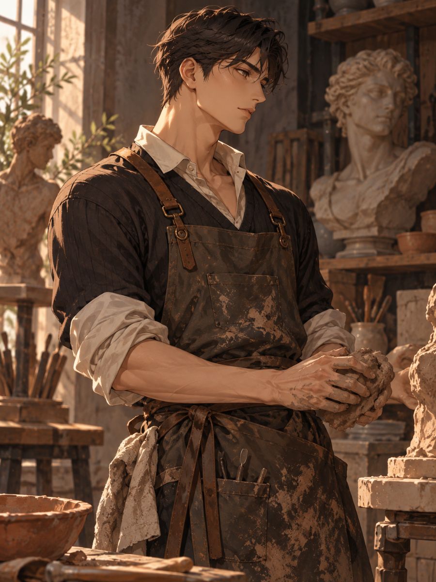 Adult character with a compact build, cropped hair, clay-stained apron, and side-lit profile