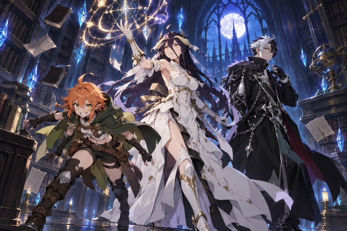 Overlord OC Maker scene showing an original dark-fantasy adventurer team with distinct supernatural silhouettes.