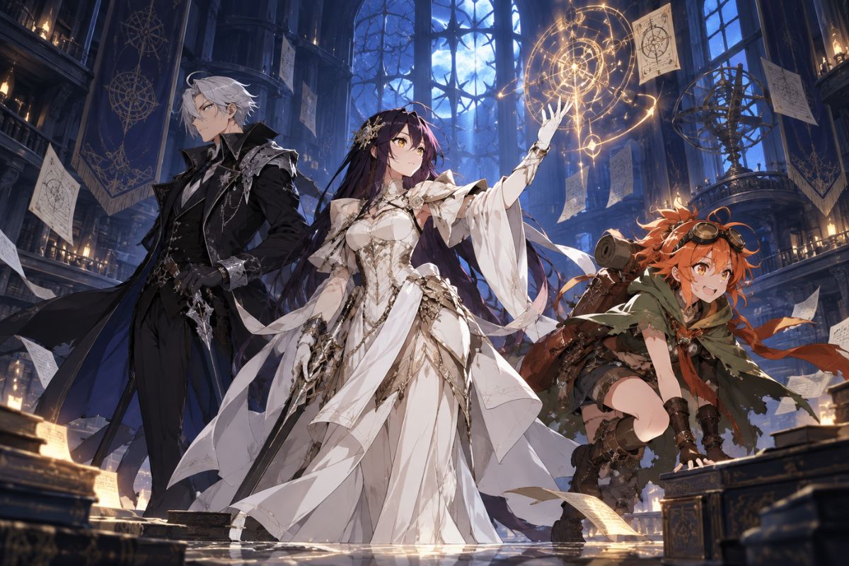 Overlord OC Maker showing an original dark-fantasy hero team in an arcane library.