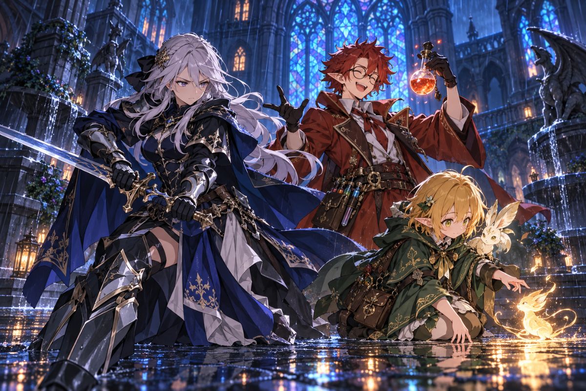 Overlord OC Maker scene showing a cathedral knight and alchemist team with relic-led poses.