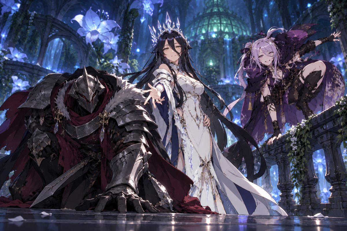 Overlord OC Maker scene showing supernatural power effects across an original moonlit ruins demon party.