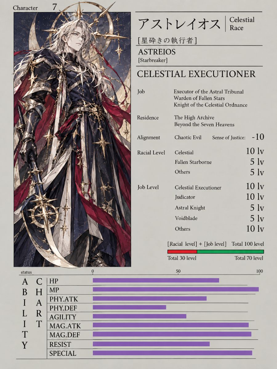 Overlord OC Maker character sheet showing a celestial executioner with mirrored wings and a pale blade.