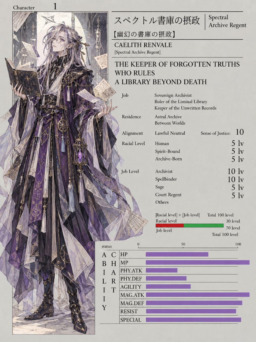Overlord OC Maker character sheet showing a spectral archive regent surrounded by floating ledgers in a candlelit vault.