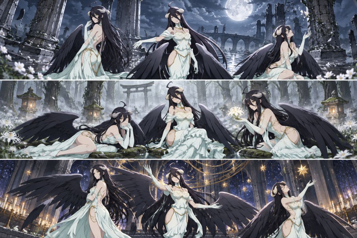 Overlord OC Maker scene showing original dark-fantasy rulers with contrasting winged character variations.