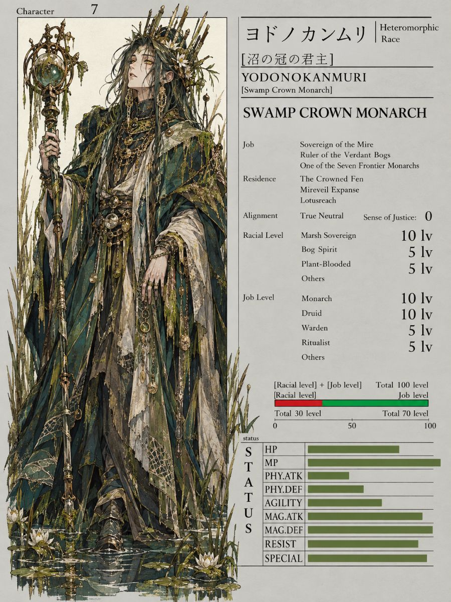 Overlord OC Maker character sheet showing a moss-armored swamp crown monarch raising a lantern staff over a misty marsh.