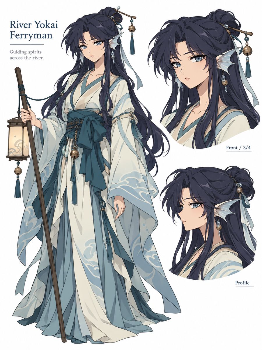 Inuyasha OC Maker character sheet showing an original river yokai ferryman guiding spirits across a river.