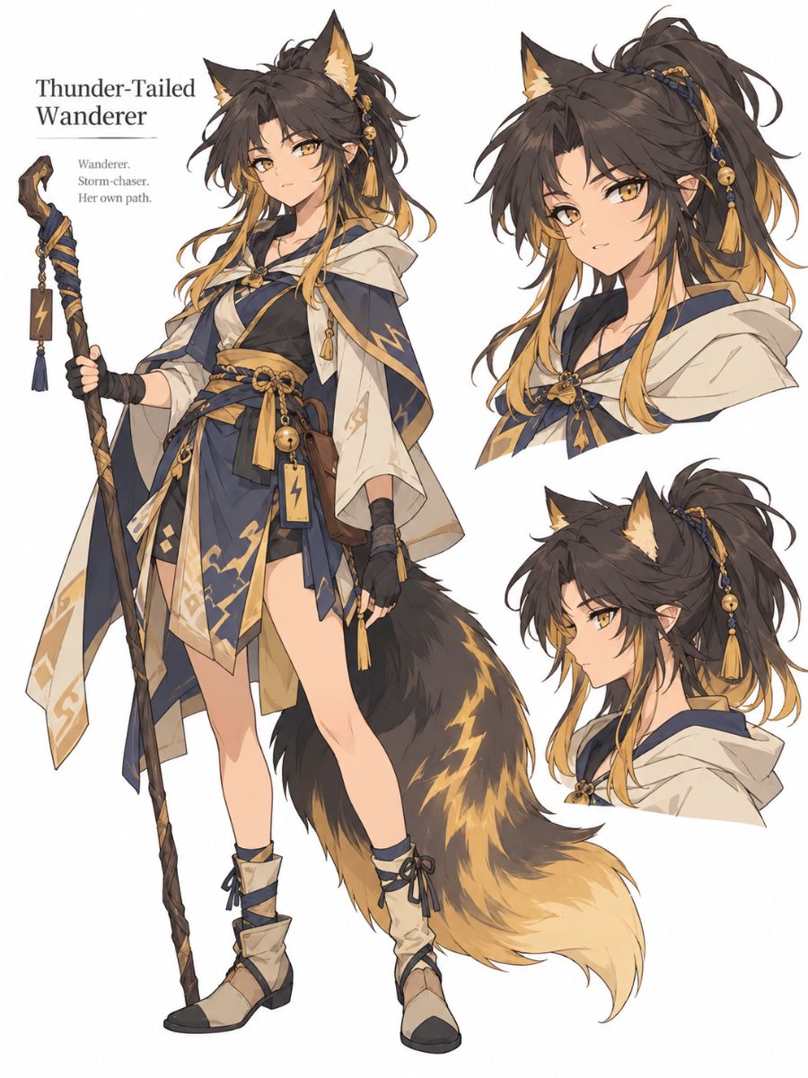 Inuyasha OC Maker character sheet showing an original thunder-tailed wanderer with a storm charm.