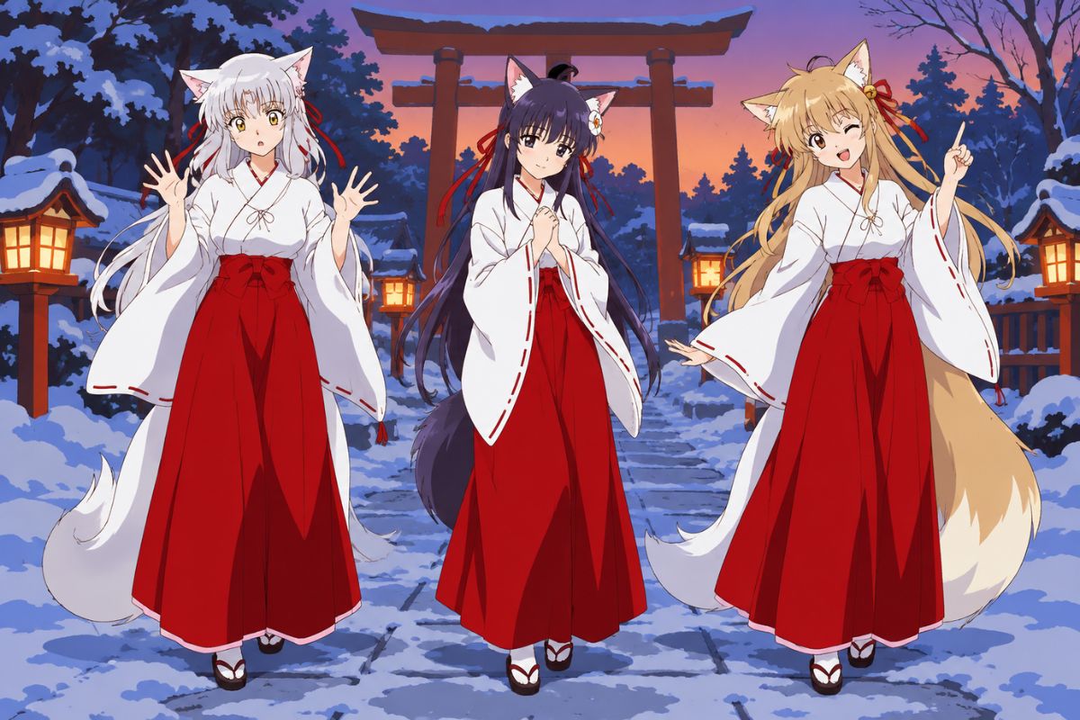 Inuyasha OC Maker scene showing original fox-spirit shrine characters with distinct yokai traits.