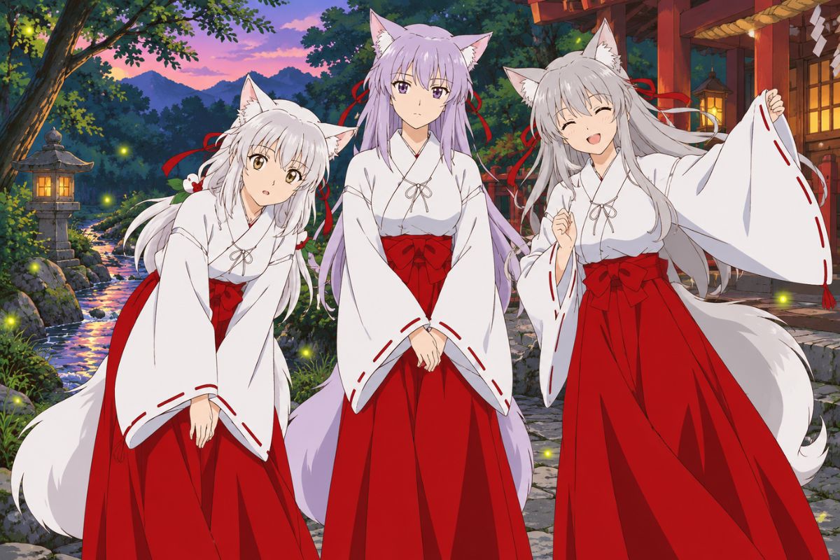 Inuyasha OC Maker scene showing original shrine garments and yokai characters in a firefly-lit village.
