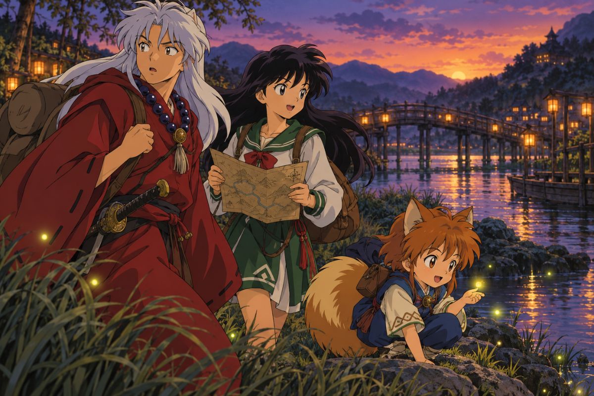 Inuyasha OC Maker showing an original silver-haired shrine wanderer and travel team in a sunset mountain ruin.