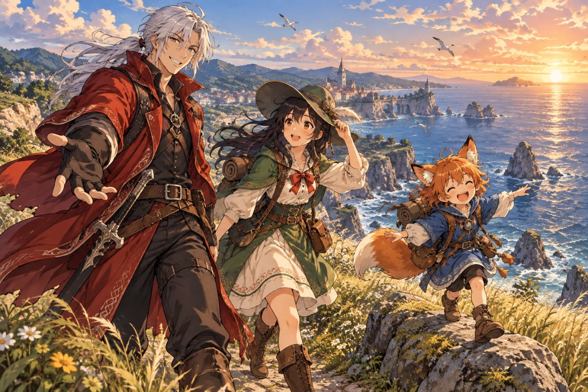 Inuyasha OC Maker scene showing original human and yokai travelers on a coastal cliff.