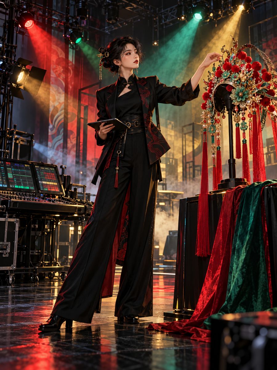 Adult Chinese lighting designer in a modern black studio arranging colored beams around an abstract opera headdress