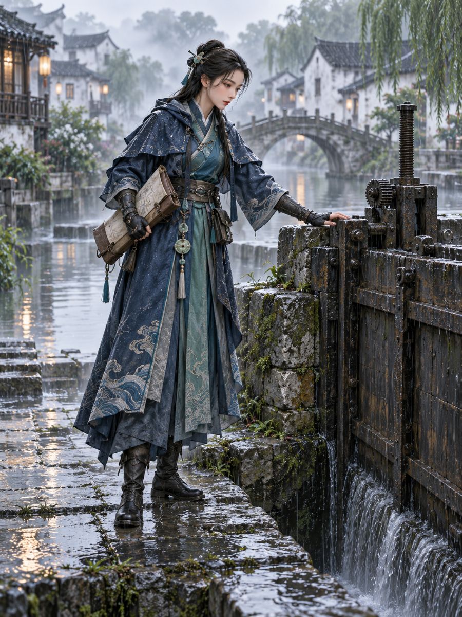 Adult Chinese canal conservator in indigo rainwear inspecting a stone lock gate in a misty Jiangnan water town