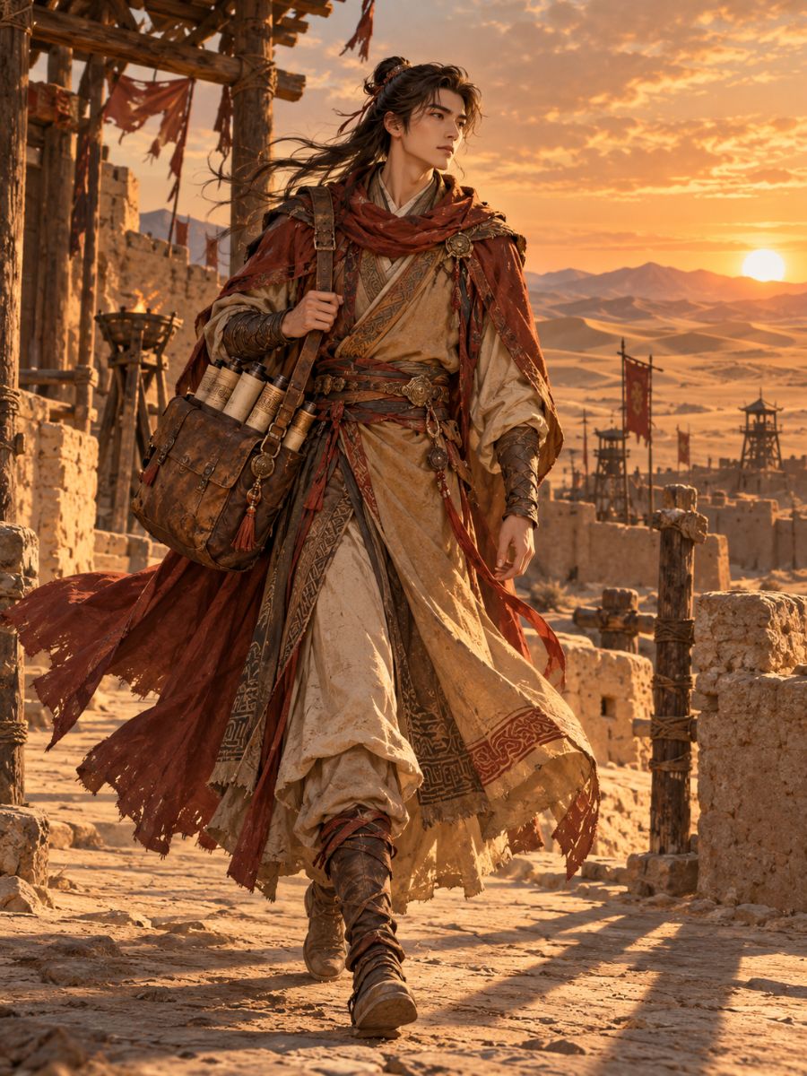 Older adult Chinese archive courier in layered ochre travel clothes crossing a desert watch station at sunset