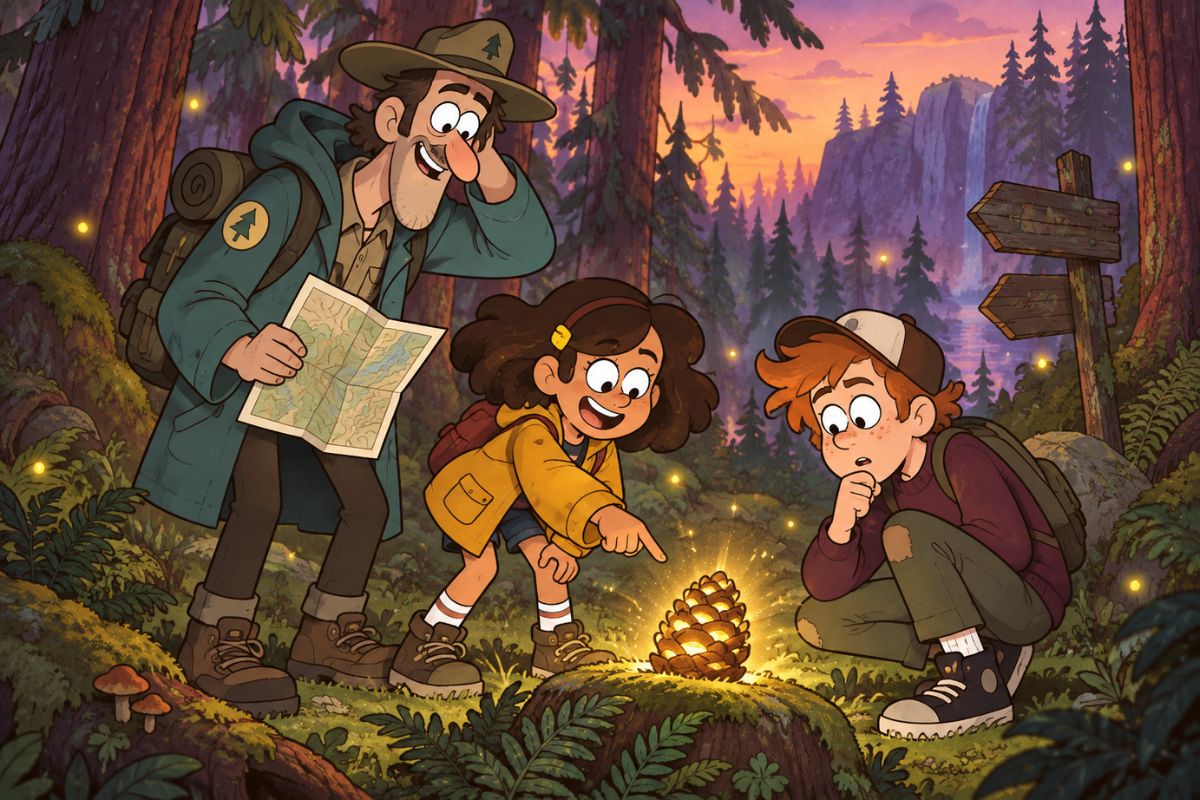 Gravity Falls OCs forest cable bridge team showing curious and surprised character expressions