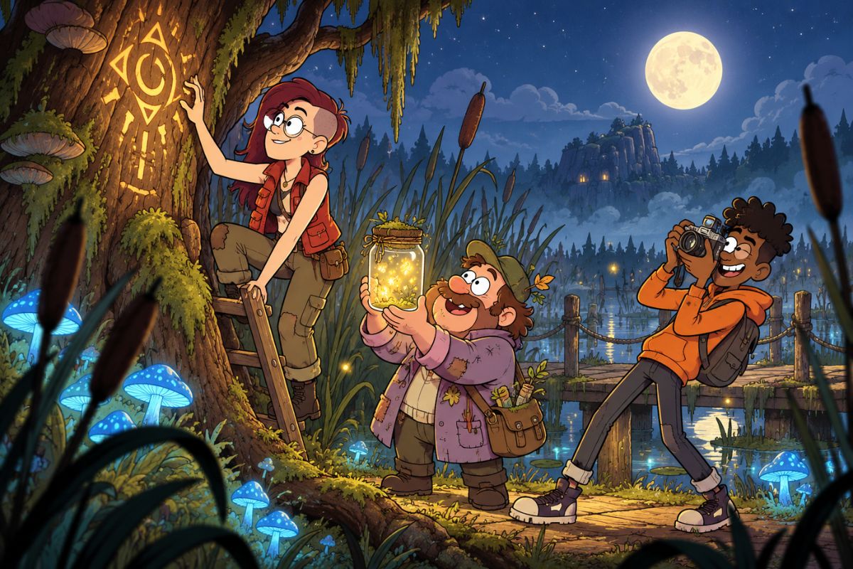 Gravity Falls OC Maker mountain observatory adventure team exploring a mysterious forest setting