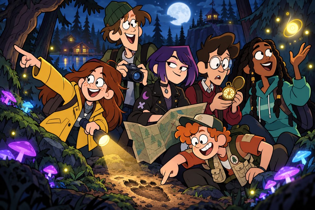 Gravity Falls OCs night forest adventure team exploring unusual glowing creatures