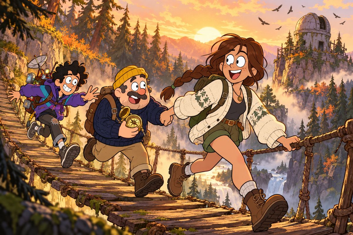 Gravity Falls OC Maker sunset bridge expedition with adventurous characters and strange clues