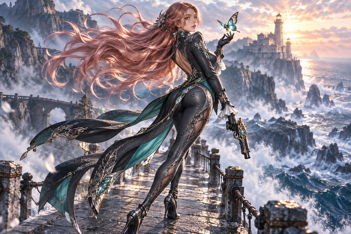 Original character overlooking an ocean bridge with dramatic magical lighting