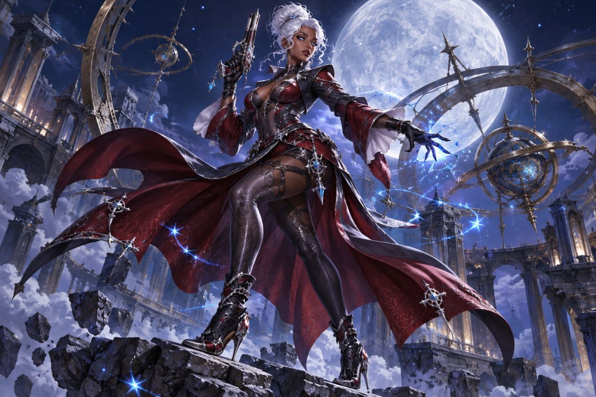 Original occult-action character in ornate fashion among moonlit ruins