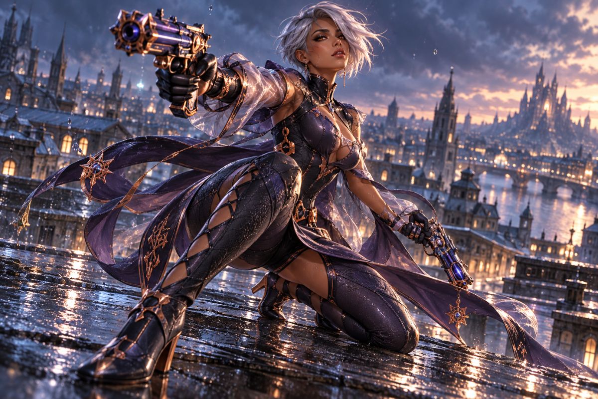 Original character performing an occult-action pose above a glowing city at night