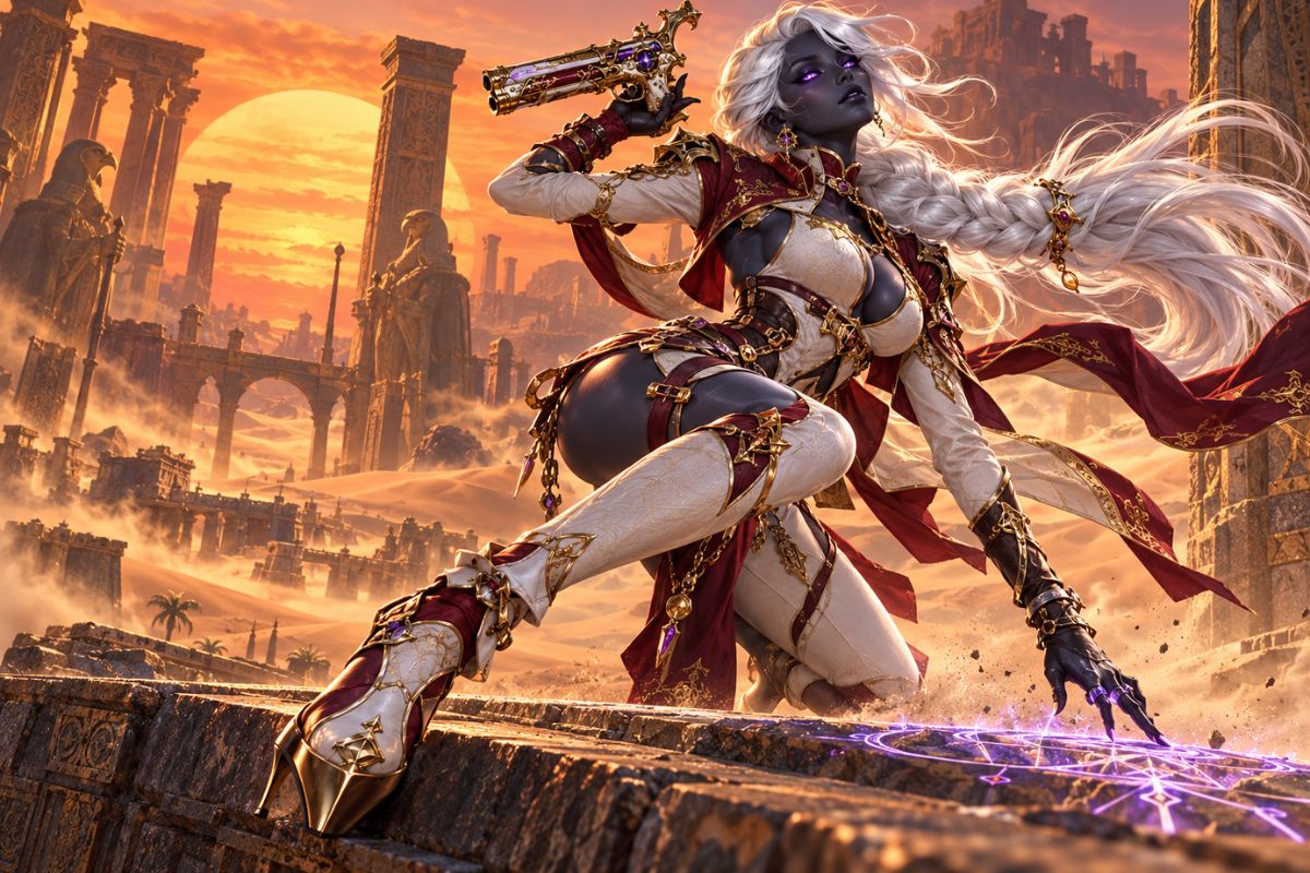 Original occult-fashion character in a red and ivory outfit against a warm desert sunset