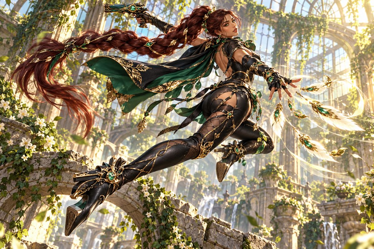 Original occult-fashion character in an emerald outfit and dynamic garden pose