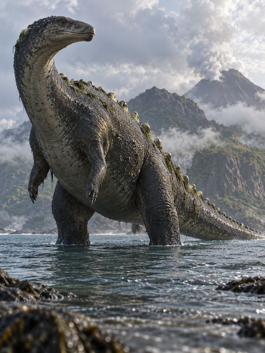 Concepto de OC de Godzilla de un kaiju costero de cuello largo en aguas oceánicas bajo un cielo nublado