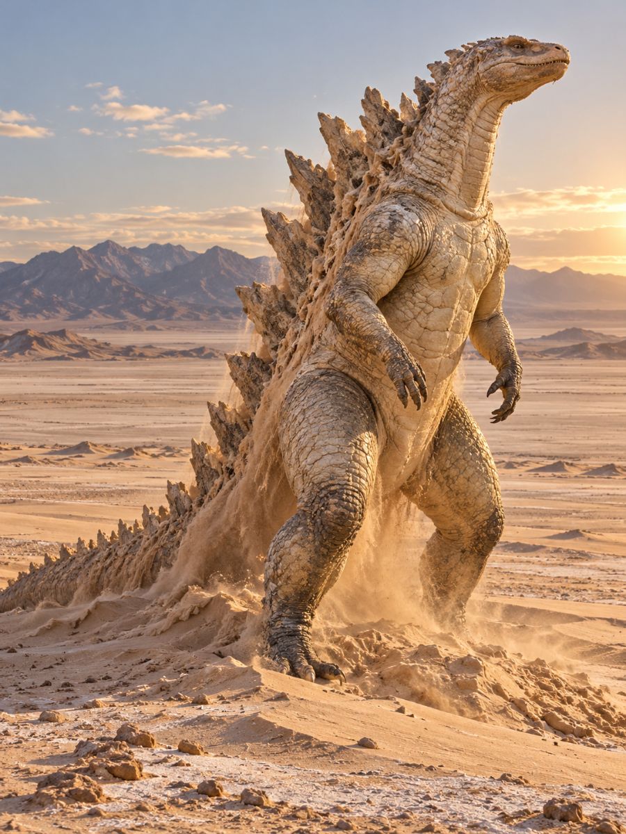 Concepto de OC de Godzilla de un kaiju pálido del desierto con escamas rugosas y placas dorsales dentadas cruzando las dunas