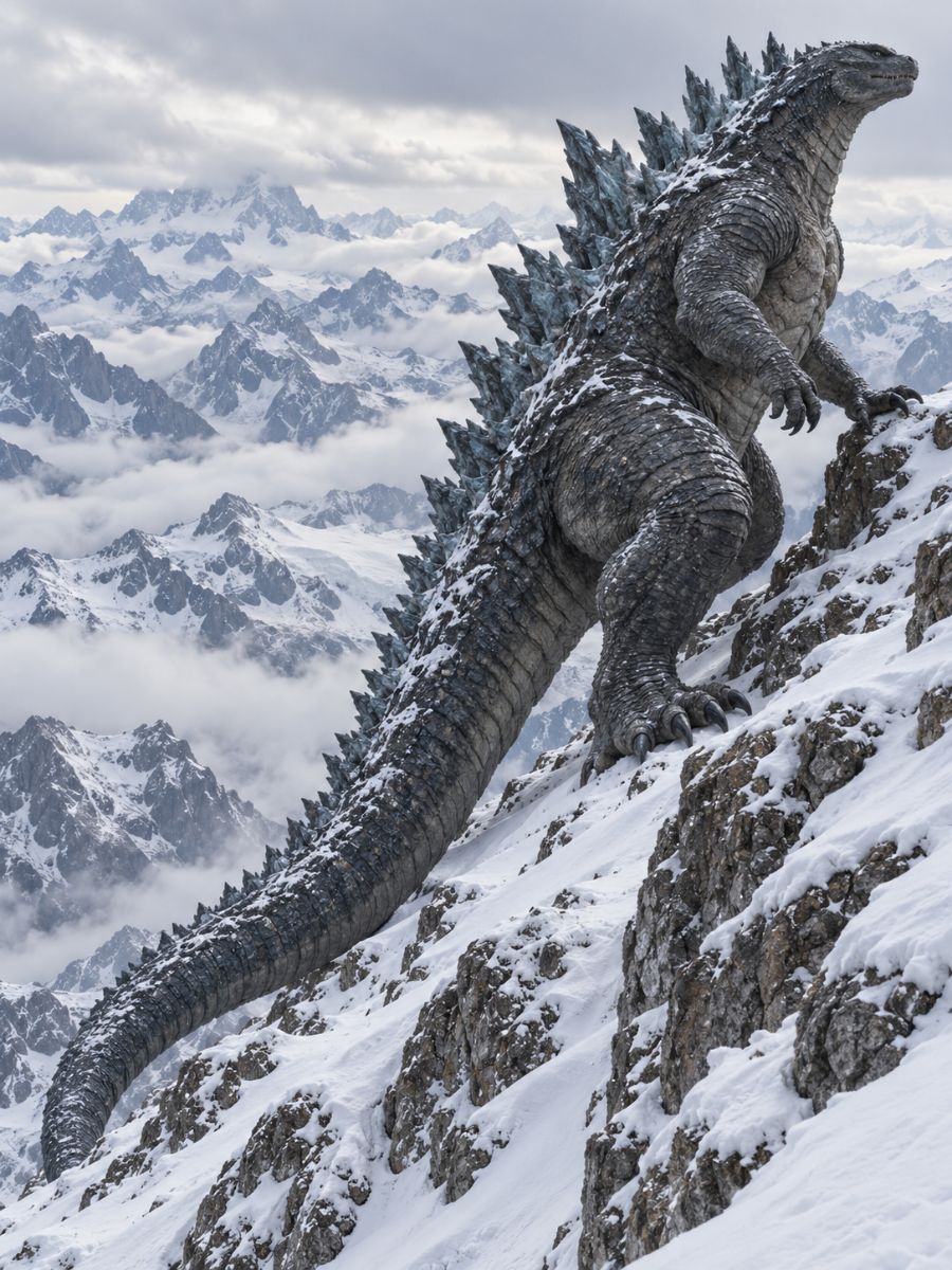 Concepto de OC de Godzilla de un kaiju oscuro de cola larga escalando una montaña alpina nevada