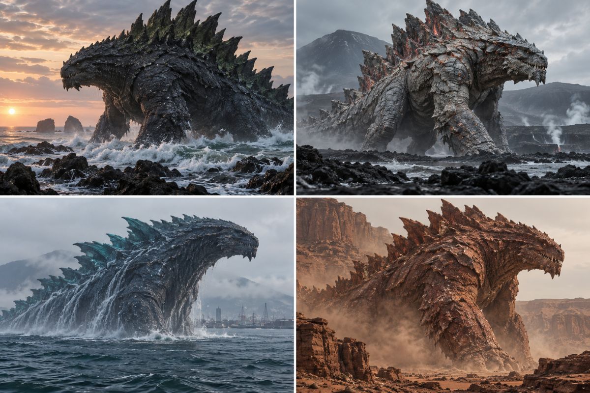Formas de kaiju del Creador de OC de Godzilla mostradas en aguas costeras y paisajes desérticos con escala ambiental visible