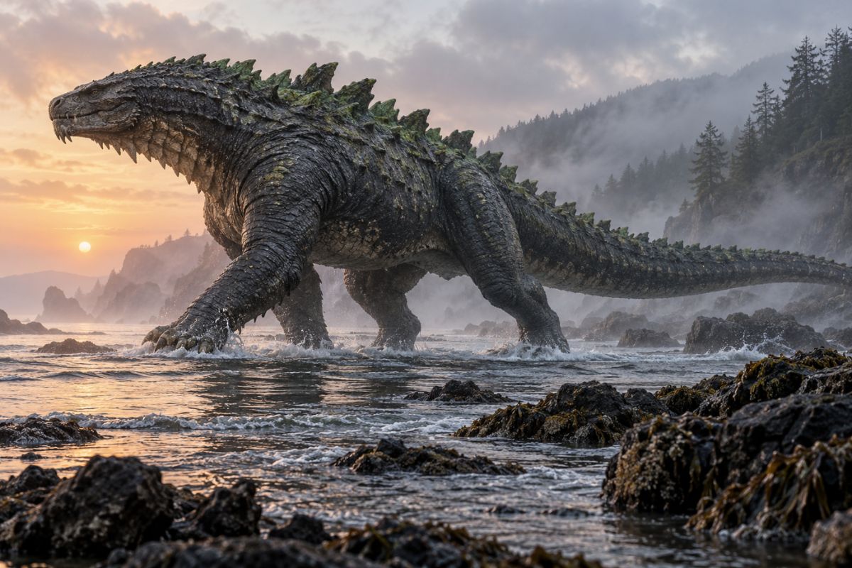 Kaiju costero al atardecer del Creador de OC de Godzilla entre olas y rocas oscuras de la costa