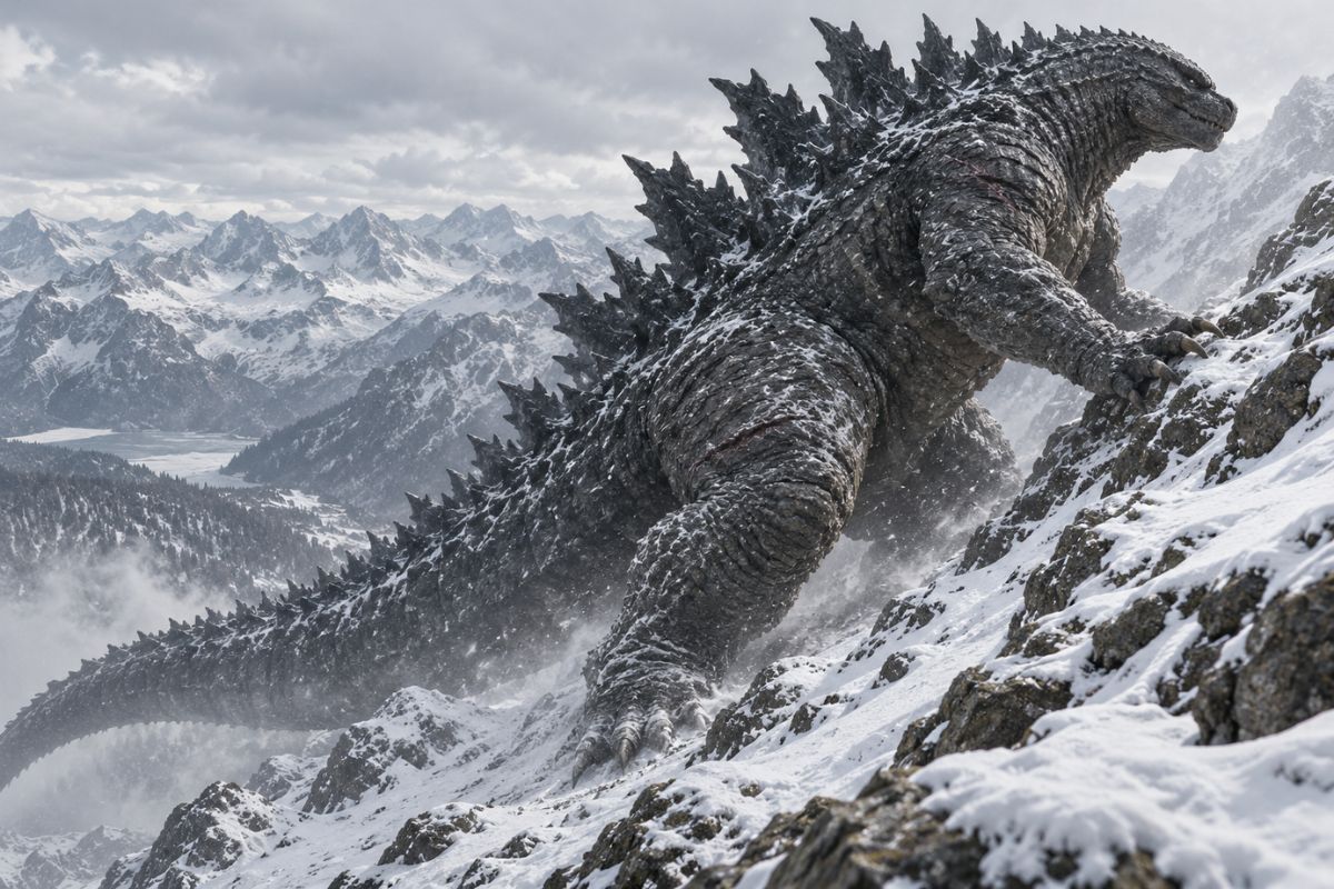 Kaiju de montaña nevada del Creador de OC de Godzilla con una larga cola y espinas dorsales cruzando una cresta helada