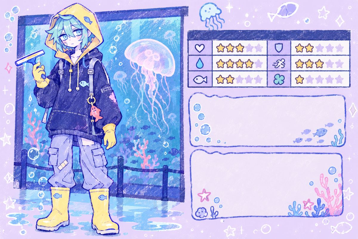 OMORI OC Maker aquarium volunteer character with a hooded outfit, aquarium tools, and a glowing underwater setting
