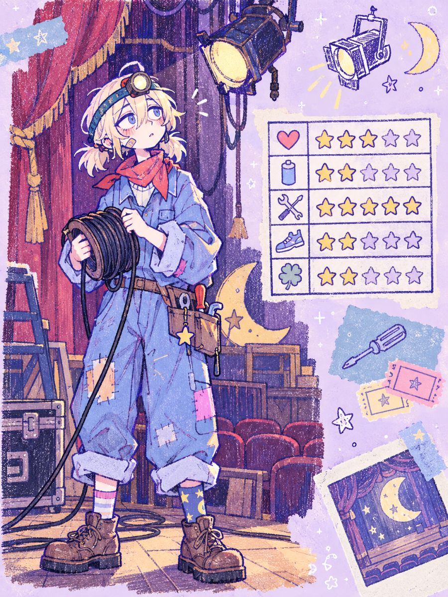 OMORI OC Maker backstage stagehand character sheet with a headlamp, cables, workwear, and stage equipment