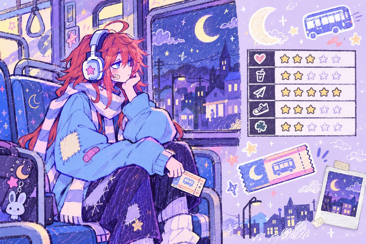 OMORI OC Maker night-bus commuter character sitting by a window beneath a moonlit city sky