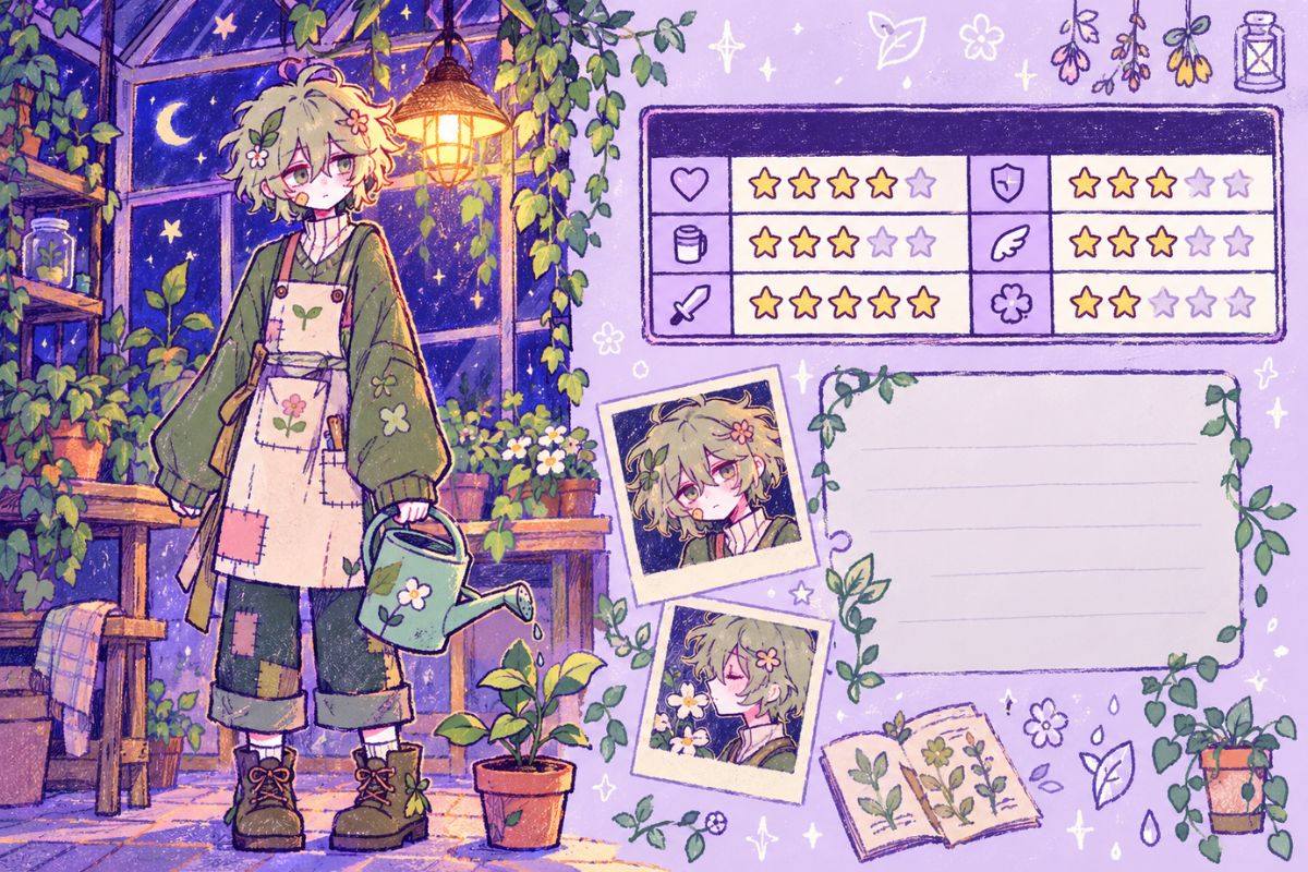 OMORI OC Maker moonlit garden keeper character standing among flowers and plants in a dreamlike night garden