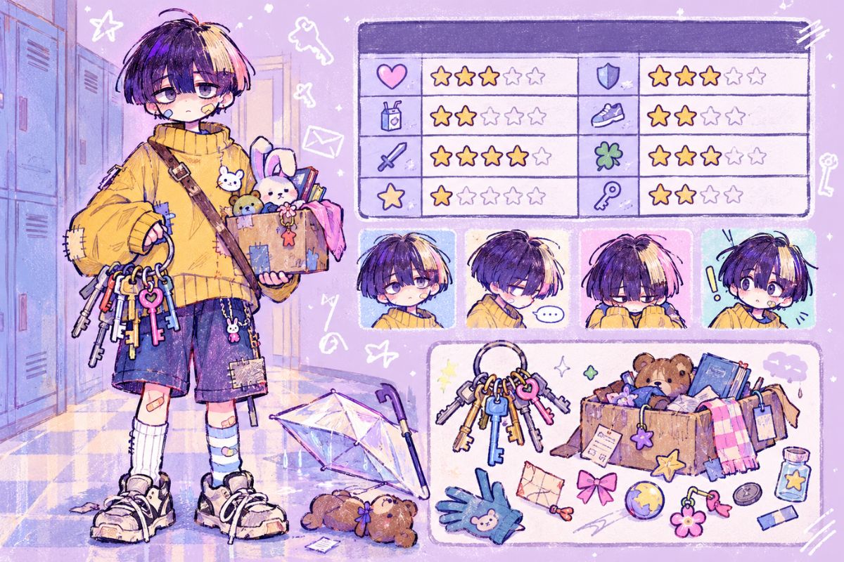 OMORI OC Maker school lost-and-found student character concept with a full outfit, accessories, and expression variations