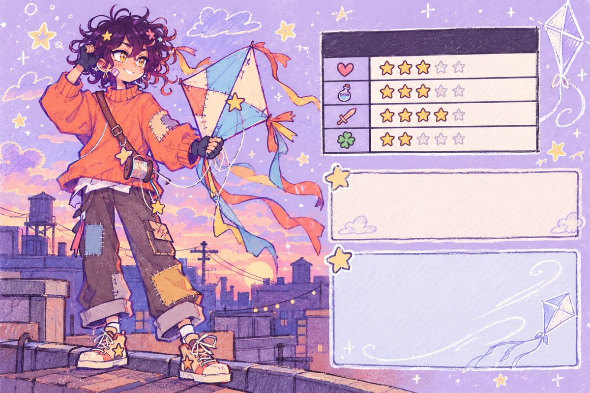 OMORI OC Maker sunset kite flyer character standing above a city with a colorful kite and trailing ribbons