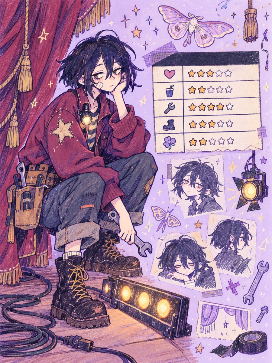 OMORI OC character sheet of a workshop mechanic with dark hair, work clothes, tools, and expression sketches