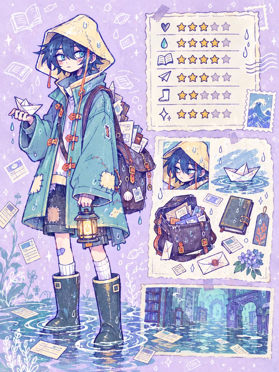 OMORI OC concept of a rainy-day mail carrier character wearing a hooded coat and carrying letters